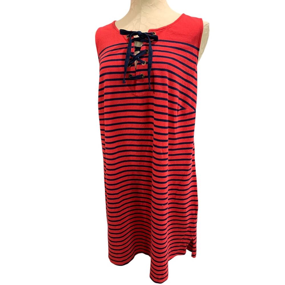1X Talbots Woman Casual Knit Shift Dress‎ Red Navy Blue Stripe Sleeveless
